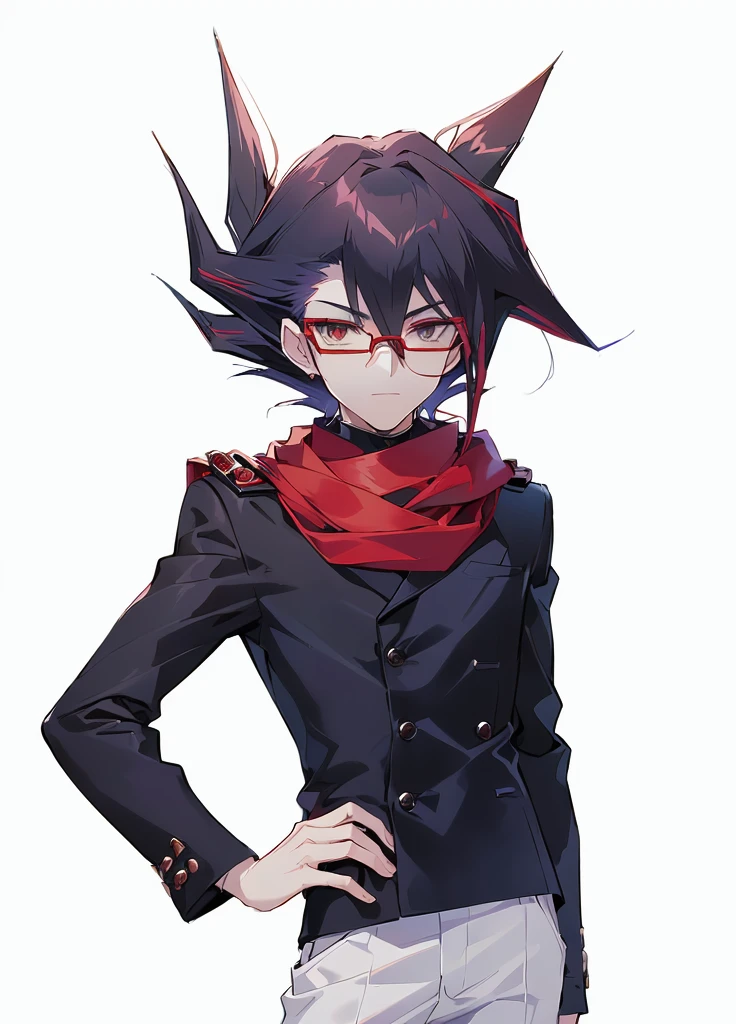 Close-up of a person wearing dark clothes and white pants, a man wearing a red scarf,A man wearing red glasses,A man with rather exaggeratedly sharp hair,,Yu-Gi-Oh anime men, Tall anime man, Inspired by Yu-Gi-Oh!,Realistic style。
