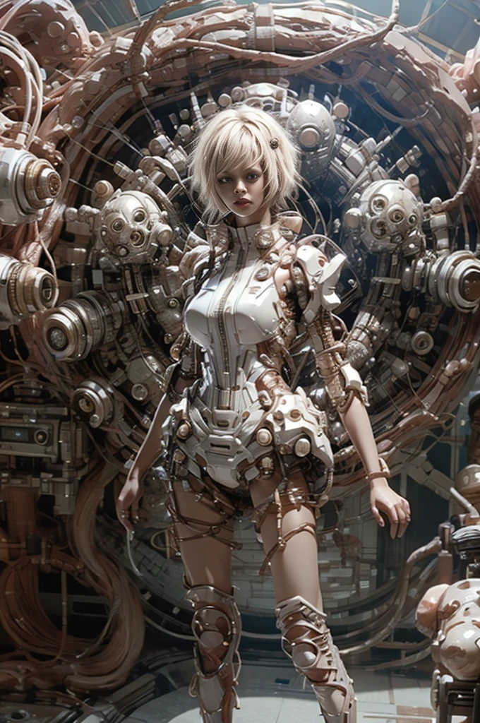 A full-length figure of a cool girl wearing a detailed mechanical armored suit. Exposed wiring, lots of cords and tubes connecting to the system. 