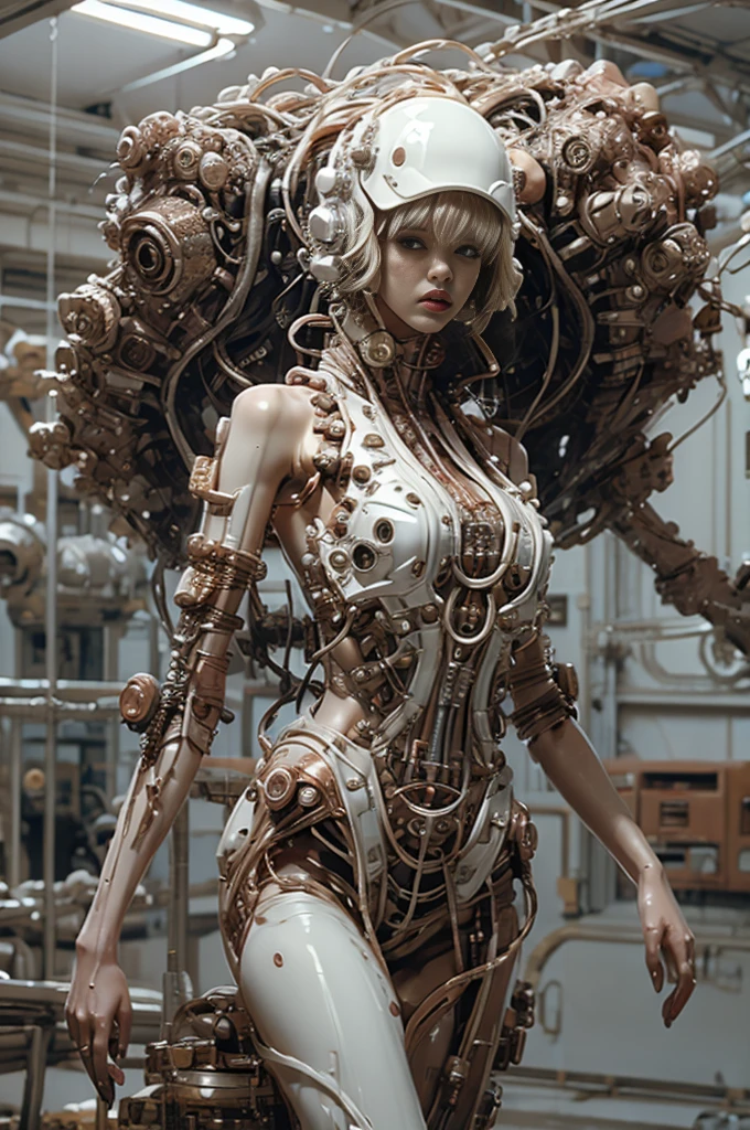 A full-length figure of a cool girl wearing a detailed mechanical armored suit. Exposed wiring, lots of cords and tubes connecting to the system. 