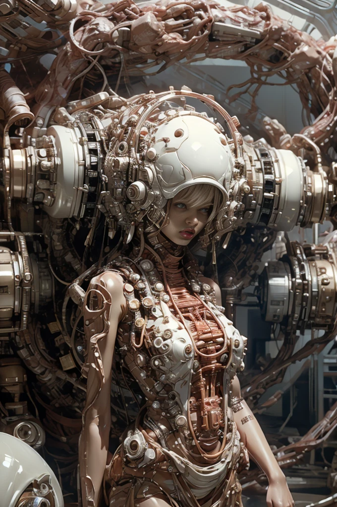 A full-length figure of a cool girl wearing a detailed mechanical armored suit. Exposed wiring, lots of cords and tubes connecting to the system. 