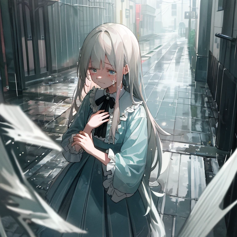 (masterpiece, Highest quality:1.3), Ultra high definition,、rain、Alley、girl、soaked、Look down、Fanning angle、Samishige、Disturbing、Medium-long hair、Are crying、tears、Place your hand on your chest