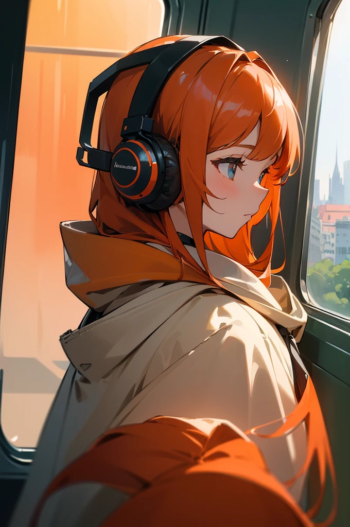 (masterpiece, sidelighting, ultra-detailed, finely detailed beautiful eyes: 1.2), 1girl, bag, building, from side, headphones, hood, hood down, hooded jacket, hoodie, jacket, long hair, orange hair, profile, red hair, solo, train, train interior, upper body, Masterpiece, best quality