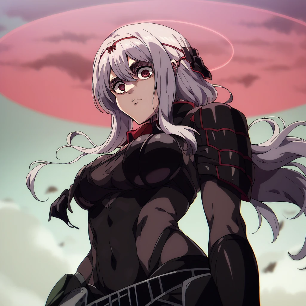 shingeki_no_kyojin_s4_style, portrait, solo, scrltbs, red eyes, long hair, grey hair, bangs, halo, headgear, red hair ribbon, single shoulder armor, black bodysuit, cleavage, bodystocking, covered navel, black legwear, gloves