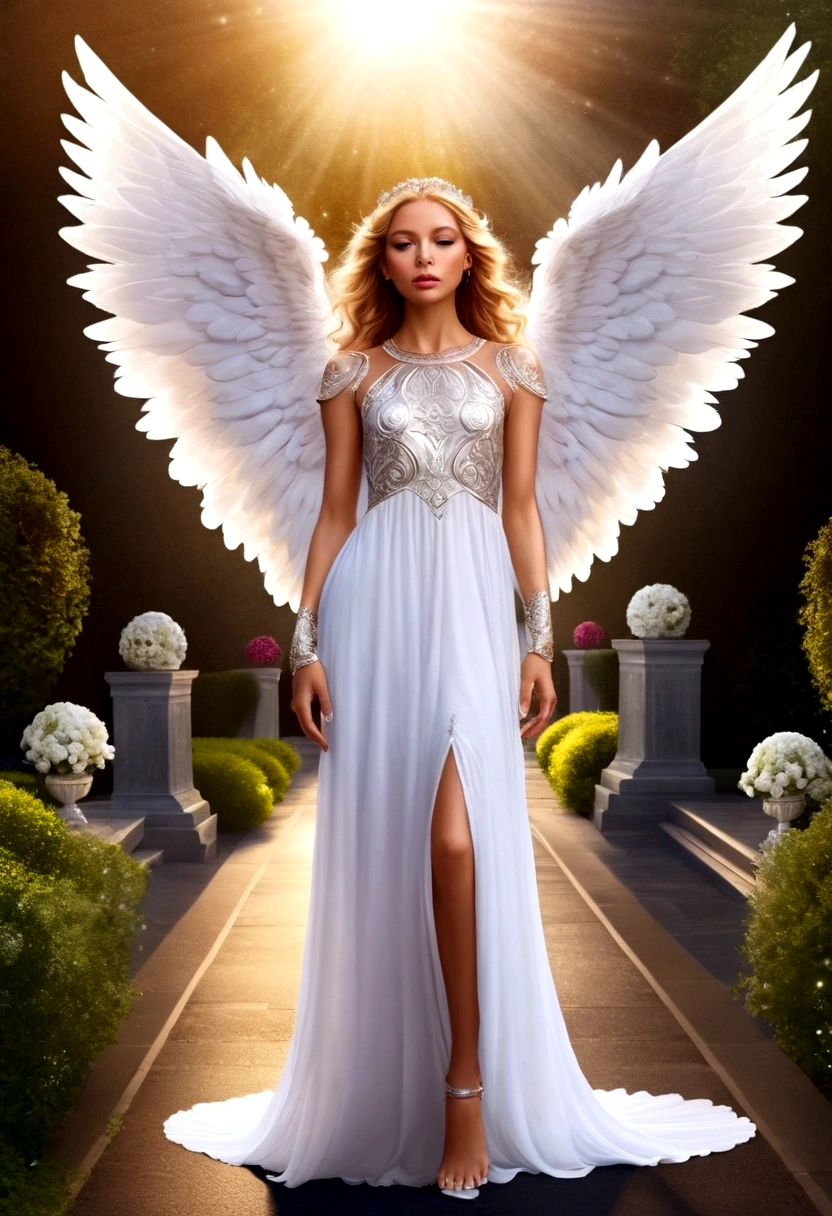 beautiful Angel, Wearing a gorgeous dress that covers the whole body, luxurly gawn,Floating in the air, angel wings, (angel ring:1.3), outdoor, detailed face, detailed eyes, detailed lips, detailed nose, detailed foot, full body shot