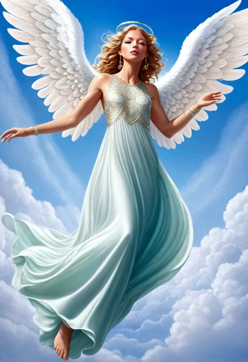 beautiful Angel, Wearing a gorgeous dress that covers the whole body, luxurly gawn,Floating in the air, angel wings, (angel ring:1.3), outdoor, detailed face, detailed eyes, detailed lips, detailed nose, detailed foot, full body shot