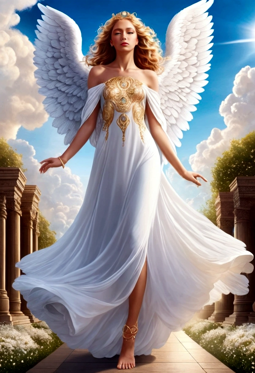 beautiful Angel, Wearing a gorgeous dress that covers the whole body, luxurly gawn,Floating in the air, angel wings, (angel ring:1.3), outdoor, detailed face, detailed eyes, detailed lips, detailed nose, detailed foot, full body shot