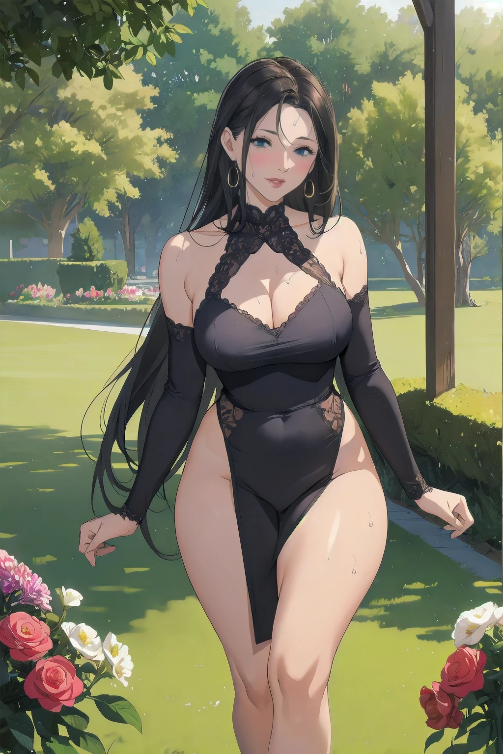 (masterpiece:1.2, best quality), (1 woman, alone),sexy중년여성ication, sexy중년여성, (mature woman), 40 year old woman, assembly, smiling , chapped lips, very detailed, Bright and perfect face,, sagging breasts, (skin dentition), ((thick thighs)), slim waist, hourglass shape,tall ,long legs, (red lips), thick lips, (Voluminous black hair), Very long straight hair, blue eyes, white short lace, bare shoulders, big earrings, (sweating), sexy, blushing, (adult seducer), sexy pose, walking, outdoors, countryside, lawn, flowers, soft lighting, (front view), take one's own hair, (from below),