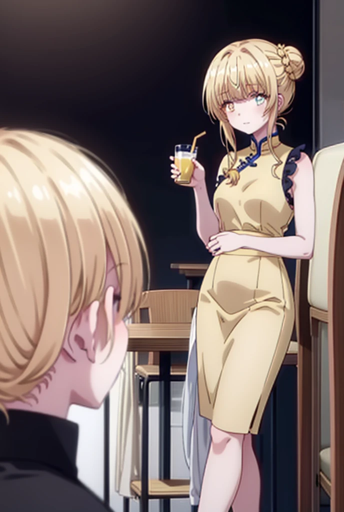 mahirushiina, Mahiru Shiina, bangs, Blonde, Brown Hair, (Yellow Eyes:1.3), Hair Bun, double  Hair Bun,happy smile, smile, Open your mouth,Sleeveless china clothing,Long slit,Stiletto heels,food, drink, Tables and chairs, ramen,トレイ in one hand,whole bodyがイラストに入るように,
break outdoors,中国風レストラン
break looking at viewer,whole body,
break (masterpiece:1.2), Highest quality, High resolution, unity 8k wallpaper, (shape:0.8), (Fine and beautiful eyes:1.6), Highly detailed face, Perfect lighting, Highly detailed CG, (Perfect hands, Perfect Anatomy),