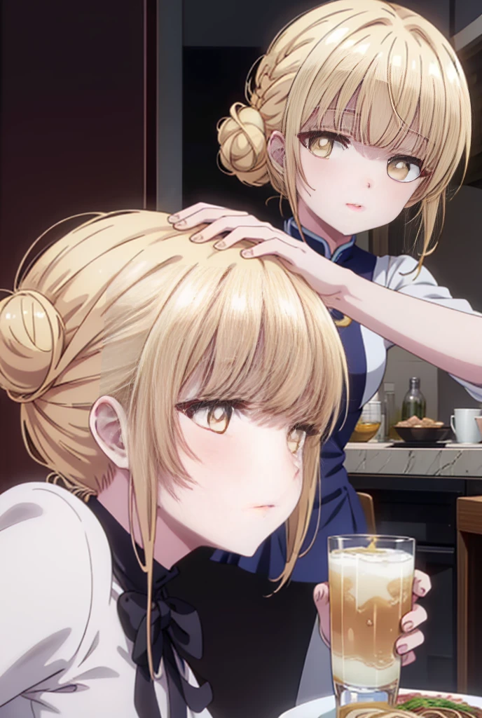 mahirushiina, Mahiru Shiina, bangs, Blonde, Brown Hair, (Yellow Eyes:1.3), Hair Bun, double  Hair Bun,happy smile, smile, Open your mouth,Sleeveless china clothing,Long slit,Stiletto heels,food, drink, Tables and chairs, ramen,トレイ in one hand,whole bodyがイラストに入るように,
break outdoors,中国風レストラン
break looking at viewer,whole body,
break (masterpiece:1.2), Highest quality, High resolution, unity 8k wallpaper, (shape:0.8), (Fine and beautiful eyes:1.6), Highly detailed face, Perfect lighting, Highly detailed CG, (Perfect hands, Perfect Anatomy),