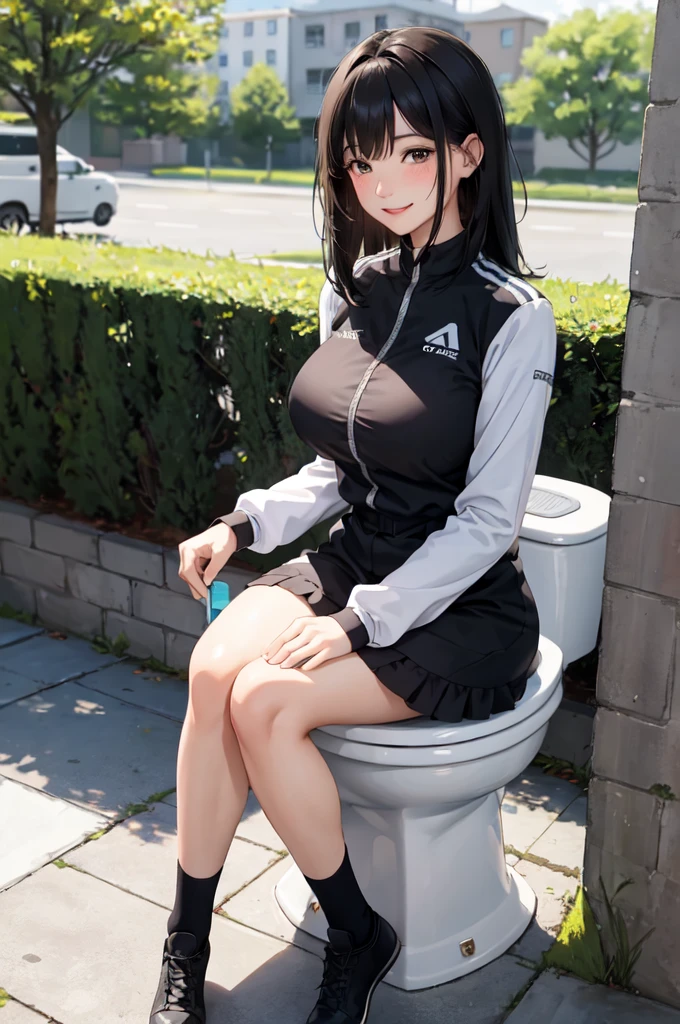 /(park outdoors/), 1lady solo, /(running jersey/), mature female, /(black hair/) bangs, blush kind smile, (masterpiece best quality:1.2) delicate illustration ultra-detailed, large breast，（full），（Sitting on the toilet），（White toilet），Sitting on the toilet上马桶的女孩子