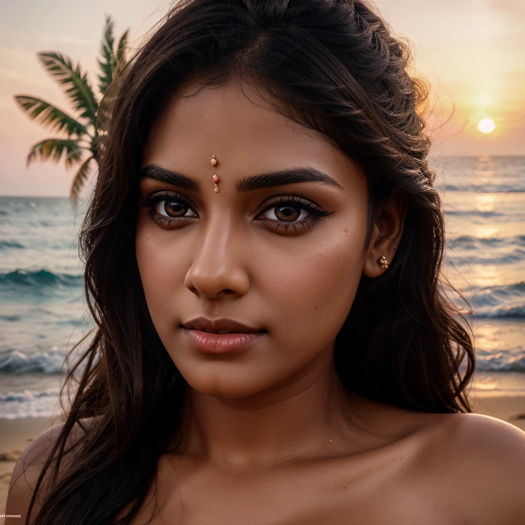 beautiful detailed eyes, beautiful detailed lips, extremely detailed eyes and face, long eyelashes, 1girl, bikini, south indian actress, beach, ocean waves, sunset, sand, palm trees, tropical, photorealistic, 8k, high quality, detailed, vibrant colors, cinematic lighting