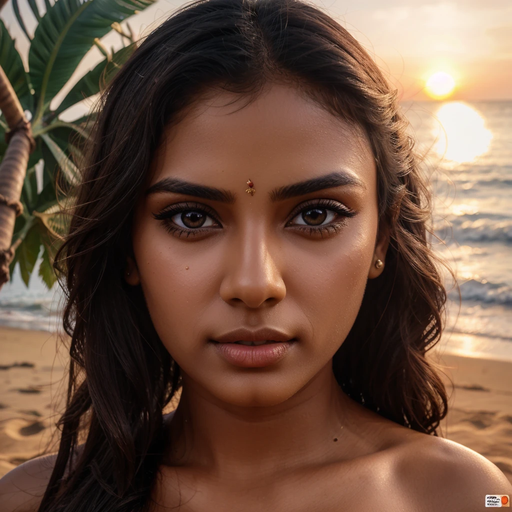 beautiful detailed eyes, beautiful detailed lips, extremely detailed eyes and face, long eyelashes, 1girl, bikini, south indian actress, beach, ocean waves, sunset, sand, palm trees, tropical, photorealistic, 8k, high quality, detailed, vibrant colors, cinematic lighting