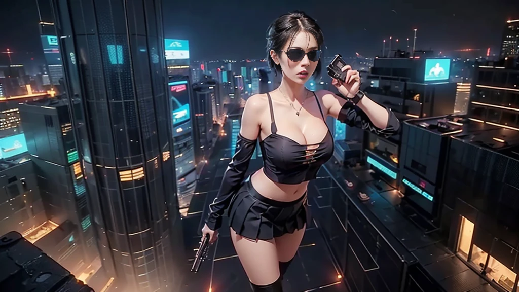 at night, futuristic sci-fi cyberpunk city, broad viaduct, skyscrapers at the end of the viaduct, the movie "13th Floor" style, hq. Matrix style, at night, (1girl, solo), photo realistic, (large-breast:1.3 slim body, cleavage:1.3), (((tube top, extreamly short pleated (((miniskirt))) exposing panty))), (((((matrix style black sunglasses))))), (((((aiming at camera with a (pistol)))))), (((half-body (thigh level) medium shot))), (cinematic lighting).