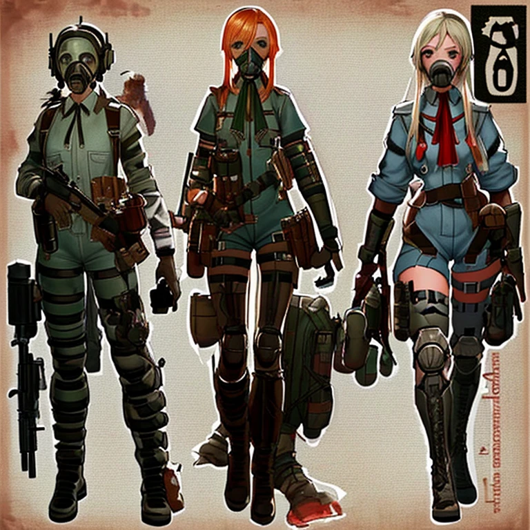 Draw 3 people, two girls and a man, draw the naked girls , drawing of a man in a gas mask holding a ppsh-41 , dystopian science fiction character, Post - Apocalyptic Scavenger, Post-apocalyptic explorer, Sci-fi character concept, post-apocalyptic, conceptual character, comic character design, science fiction character concept, soldier with a gas mask