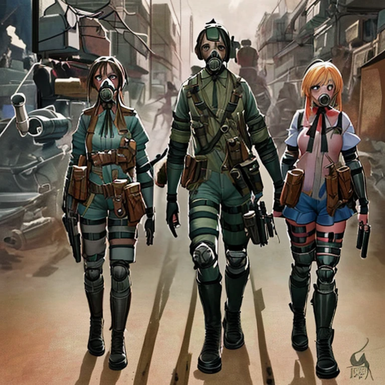 Draw 3 people, two girls and a man, draw the naked girls , drawing of a man in a gas mask holding a ppsh-41 , dystopian science fiction character, Post - Apocalyptic Scavenger, Post-apocalyptic explorer, Sci-fi character concept, post-apocalyptic, conceptual character, comic character design, science fiction character concept, soldier with a gas mask