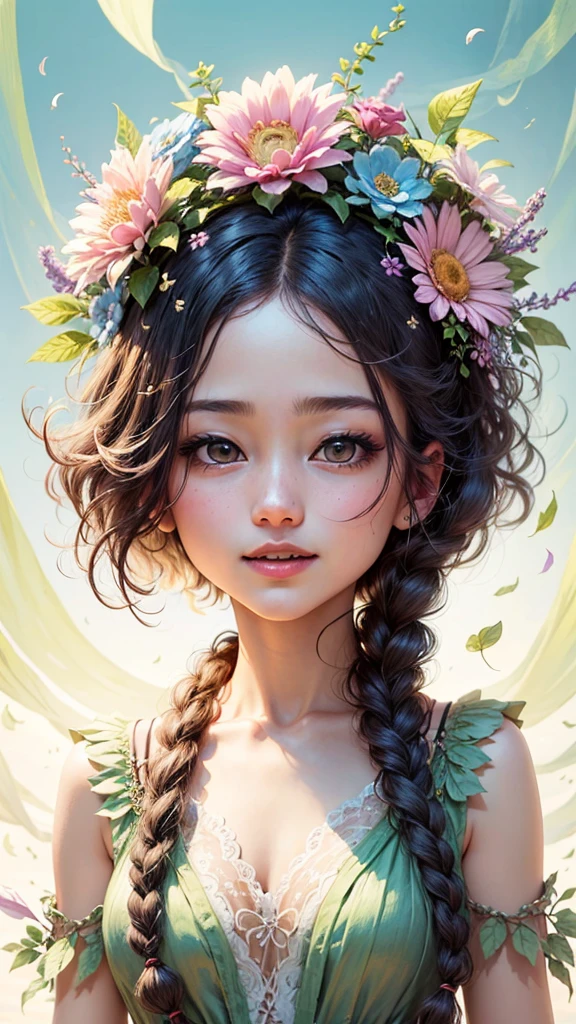 (masterpiece、highest quality、highest quality、Beautiful and beautiful:1.2)、Good anatomy、Focus on the face、Composition looking up from a low position、Wide blue sky、Drawing of a girl with BLUE hair、Beautiful smile、Flower Fairy、デイジーFlower-sized body、pure、Charm、Shining from the inside、Large translucent flowers on the background、Fantasy、Botanical Art