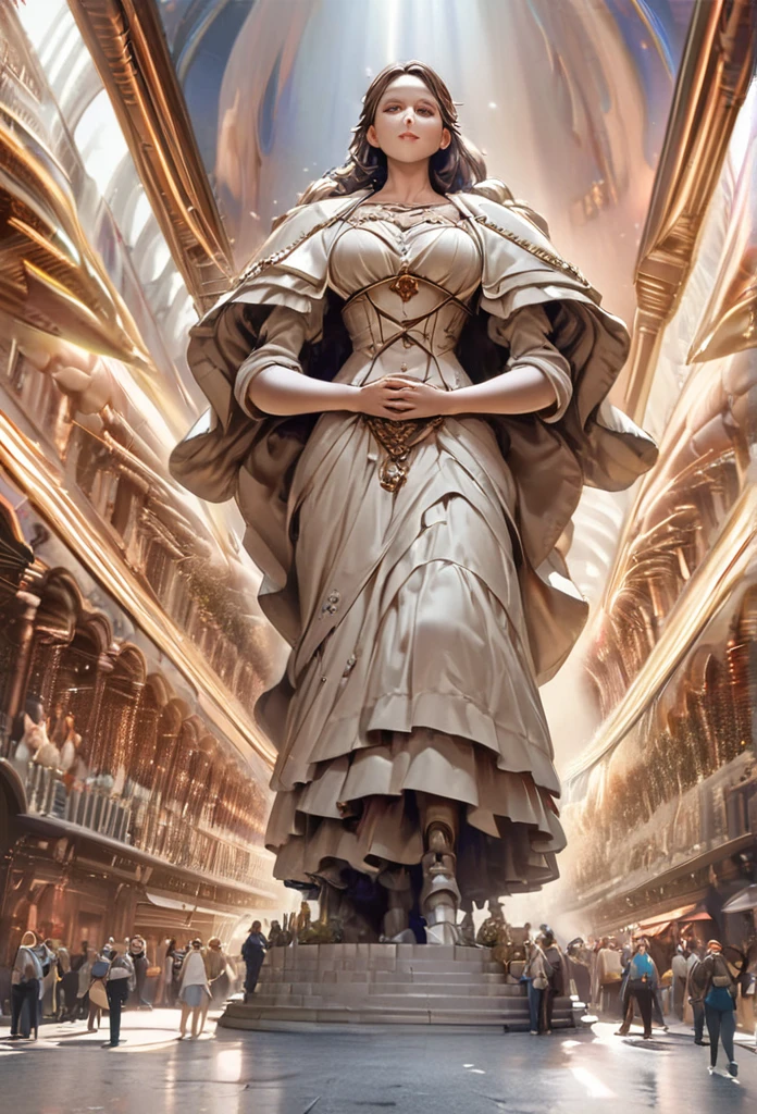 Woman statue, super giant, worshiping crowds, scriptures shine in the sky, in steampunk style, super fine, 8K, masterful mechanical rendering works, OC renderer, (ultra photo realism), skswoman