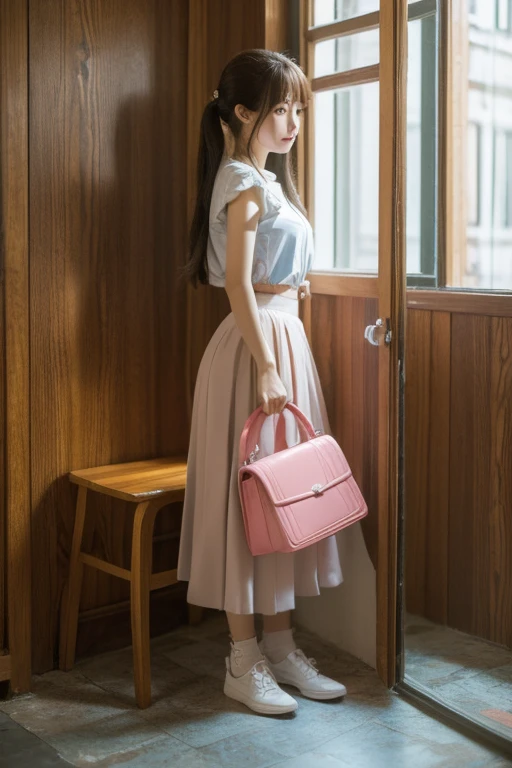 There,(masterpiece, best quality:1.2), 1 Girl, Solitary, have,bag,skirt,Delicate face