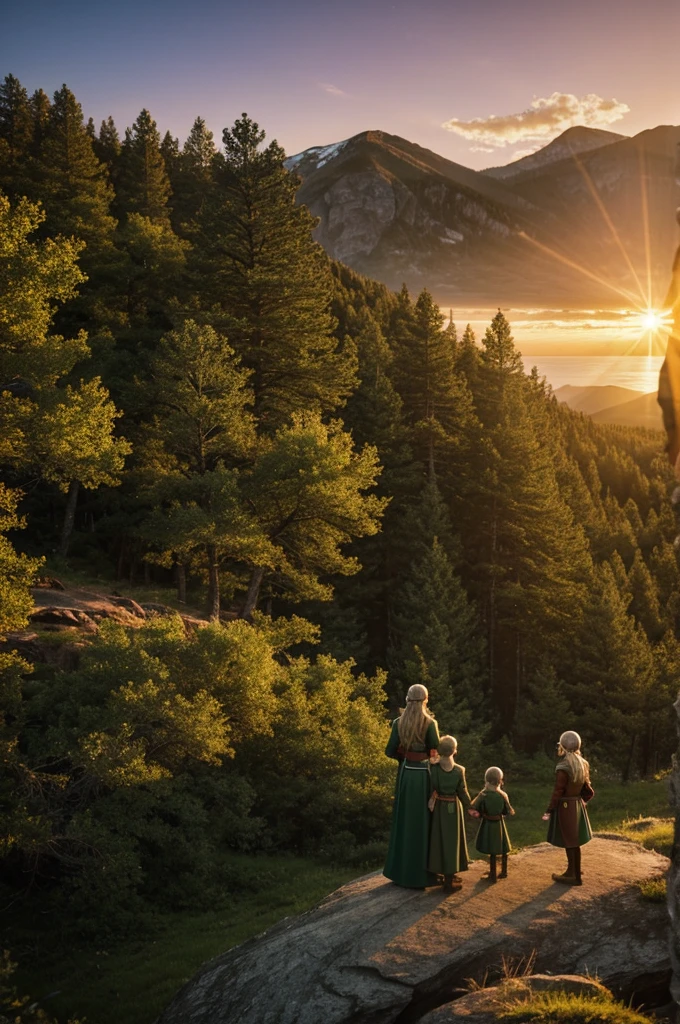 Create an Elven family, standing on the cliff of the cabin, standing at sunrise 