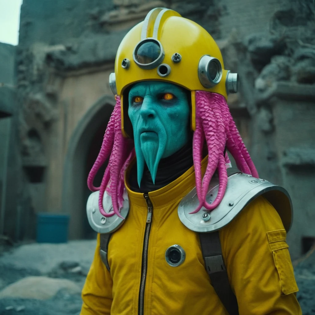 Horror-themed,  In an ancient and mysterious city a person wearing a yellow helmet with pink dark spikes on it carcosa city style, Don Bluth Style ASTRONAUT Cthulhu yellow Toon Doll, full body RAW candid cinema, cyan hair, 16mm, color graded portra 400 film, Eerie, unsettling, dark, spooky, suspenseful, grim, highly detailed, titanium decorative headdress, cinematic, trending on artstation | Isometric | Centered