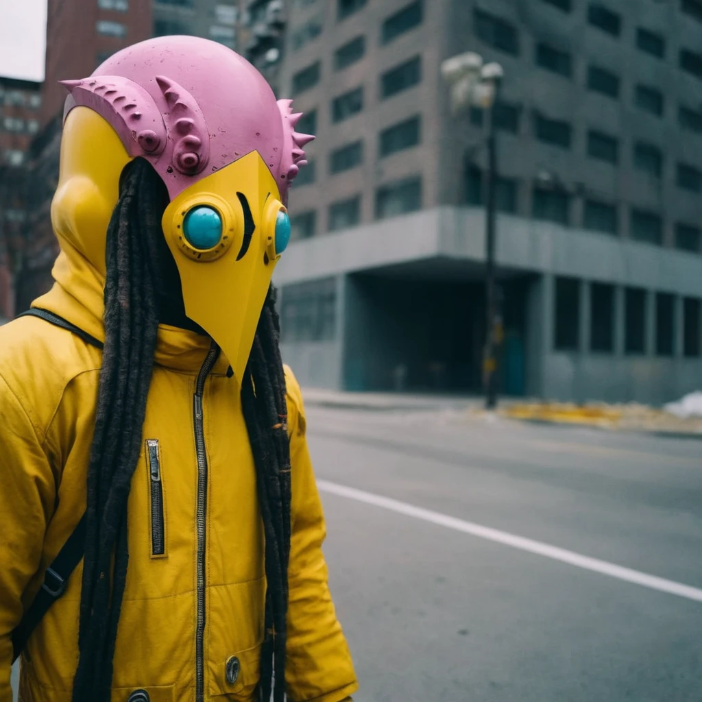 Horror-themed,  In an ancient and mysterious city a person wearing a yellow helmet with pink dark spikes on it carcosa city style, Don Bluth Style ASTRONAUT Cthulhu yellow Toon Doll, full body RAW candid cinema, cyan hair, 16mm, color graded portra 400 film, Eerie, unsettling, dark, spooky, suspenseful, grim, highly detailed, titanium decorative headdress, cinematic, trending on artstation | Isometric | Centered