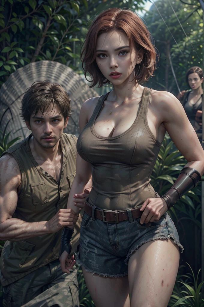 "Scarlett Johansson holding a rifle, wearing a military tank top, leading in Jurassic World 4, currently filming in Thailand. The scene features a dense jungle and various dinosaurs. She is in action, navigating through the thick forest, ready to confront dinosaurs. The setting is vibrant and full of adventure, highlighting the intense and thrilling atmosphere of the movie,battles fight scene. Emphasize hyper-realistic details, dynamic lighting and shadows, realistic effects, and various action poses with blood effects,moon