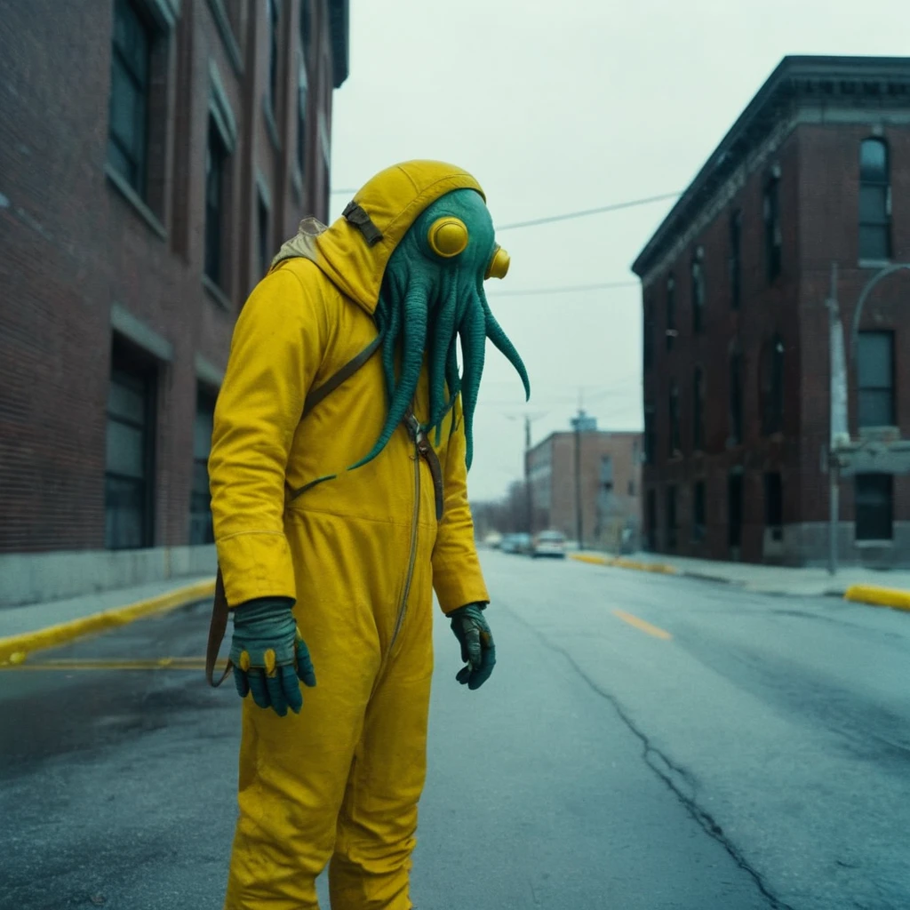 Horror-themed, In an ancient and mysterious city a person wearing a yellow helmet with yellow spikes on it carcosa city style, Don Bluth Style ASTRONAUT Cthulhu yellow Toon Doll, full body RAW candid cinema, cyan hair, 16mm, color graded portra 400 film, Eerie, unsettling, dark, spooky, suspenseful, grim, highly detailed
