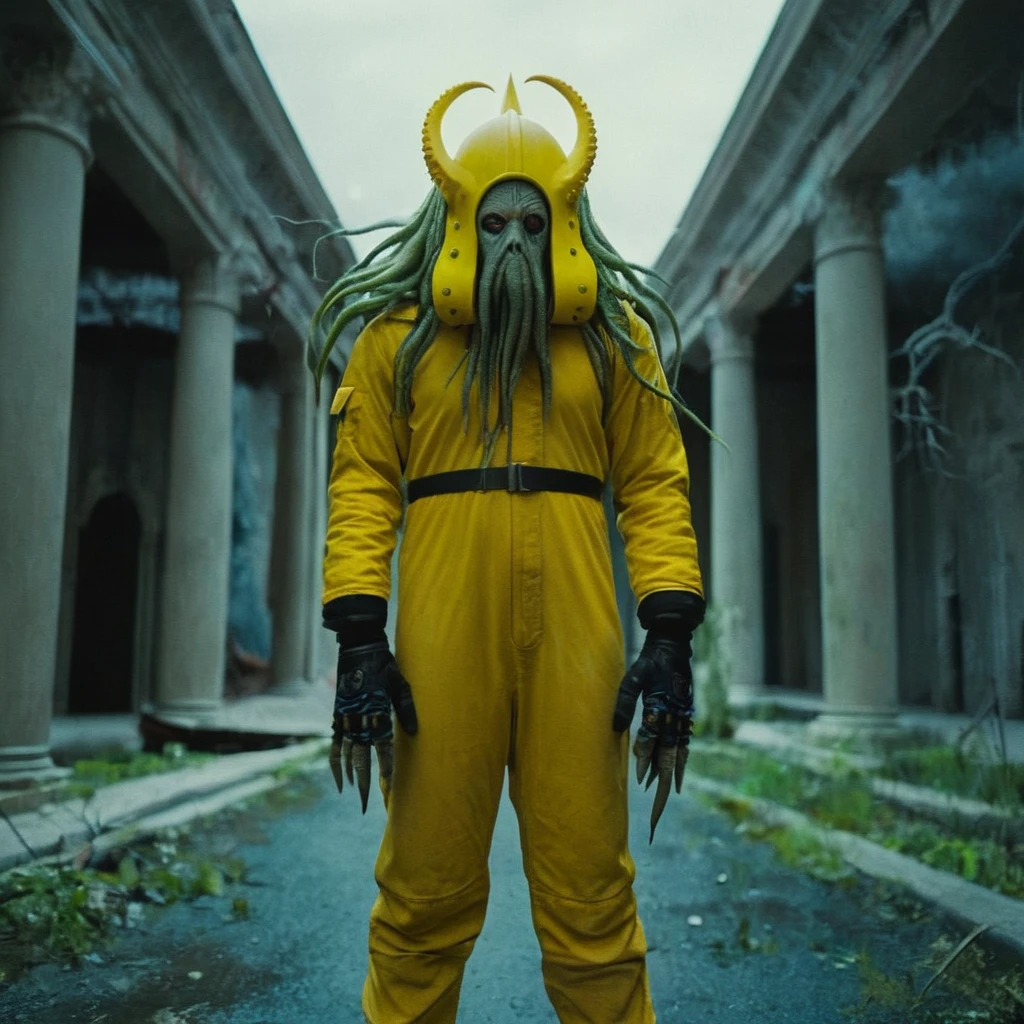 Horror-themed, In an ancient and mysterious city a person wearing a yellow helmet with yellow spikes on it carcosa city style, Don Bluth Style ASTRONAUT Cthulhu yellow Toon Doll, full body RAW candid cinema, cyan hair, 16mm, color graded portra 400 film, Eerie, unsettling, dark, spooky, suspenseful, grim, highly detailed