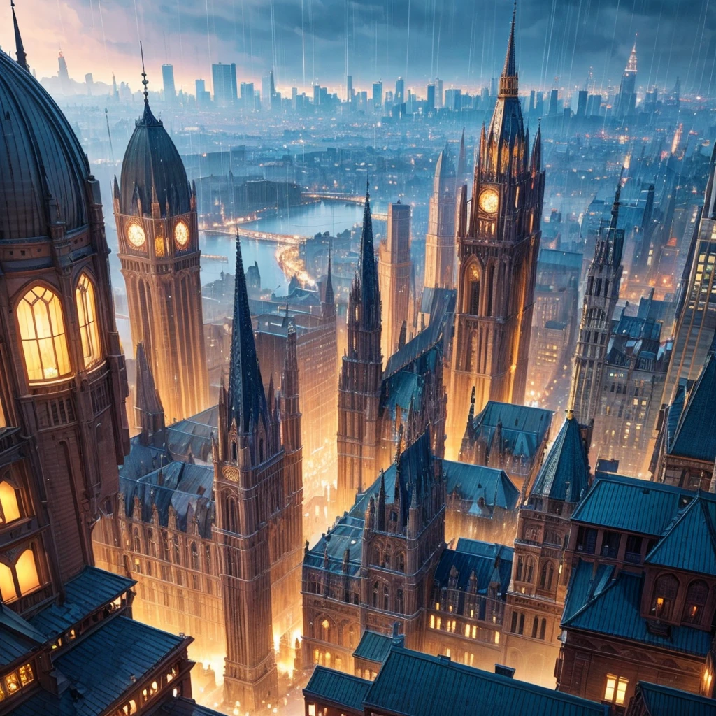 Generate an image of the most beautiful cityscape that you can, make it look very beautiful, make it more detailed and beautiful, add the best lighting that you can, make it very beautiful and well lit, make it a bit rainy and beautiful lighting