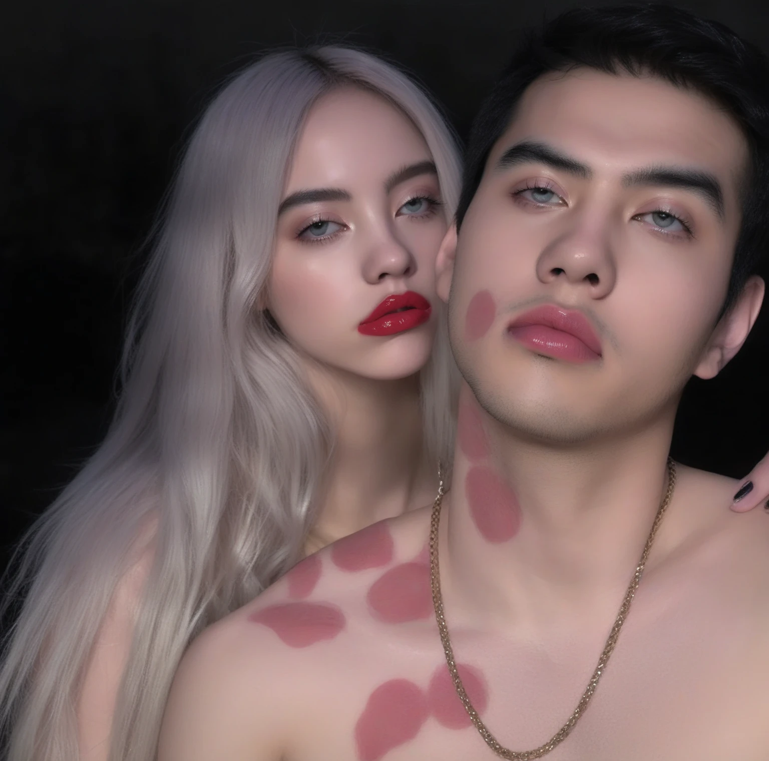 red velvet asian man gguk and woman Irene with red lipstick on face, Ava Max, inspired by Elsa Bleda, they both have red lips, In the style of Petra Collins, un non-binary model épico, ariana brand, non-binary model, charli bowater y artgeem, Petra Collins y MC. Escher, thick red lips, Steven Klein, zac retz