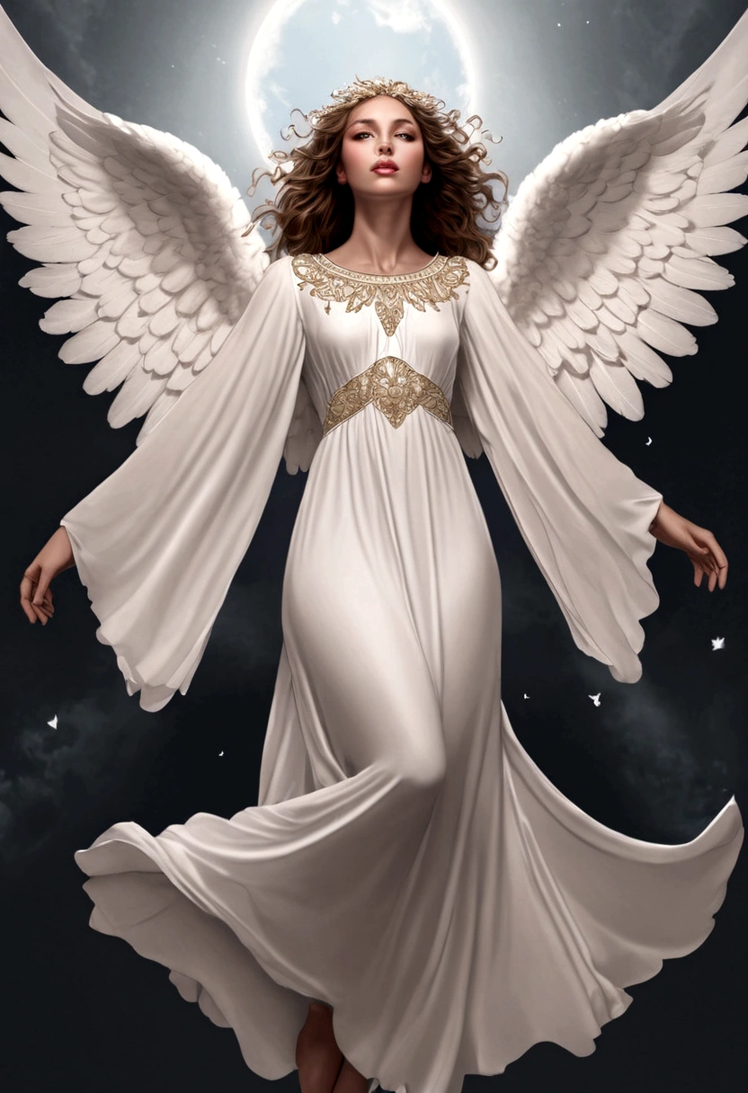 beautiful Angel, Wearing a gorgeous dress that covers the whole body, luxurly gawn,Floating in the air, angel wings, (angel ring:1.3), outdoor, detailed face, detailed eyes, detailed lips, detailed nose, detailed foot, full body shot