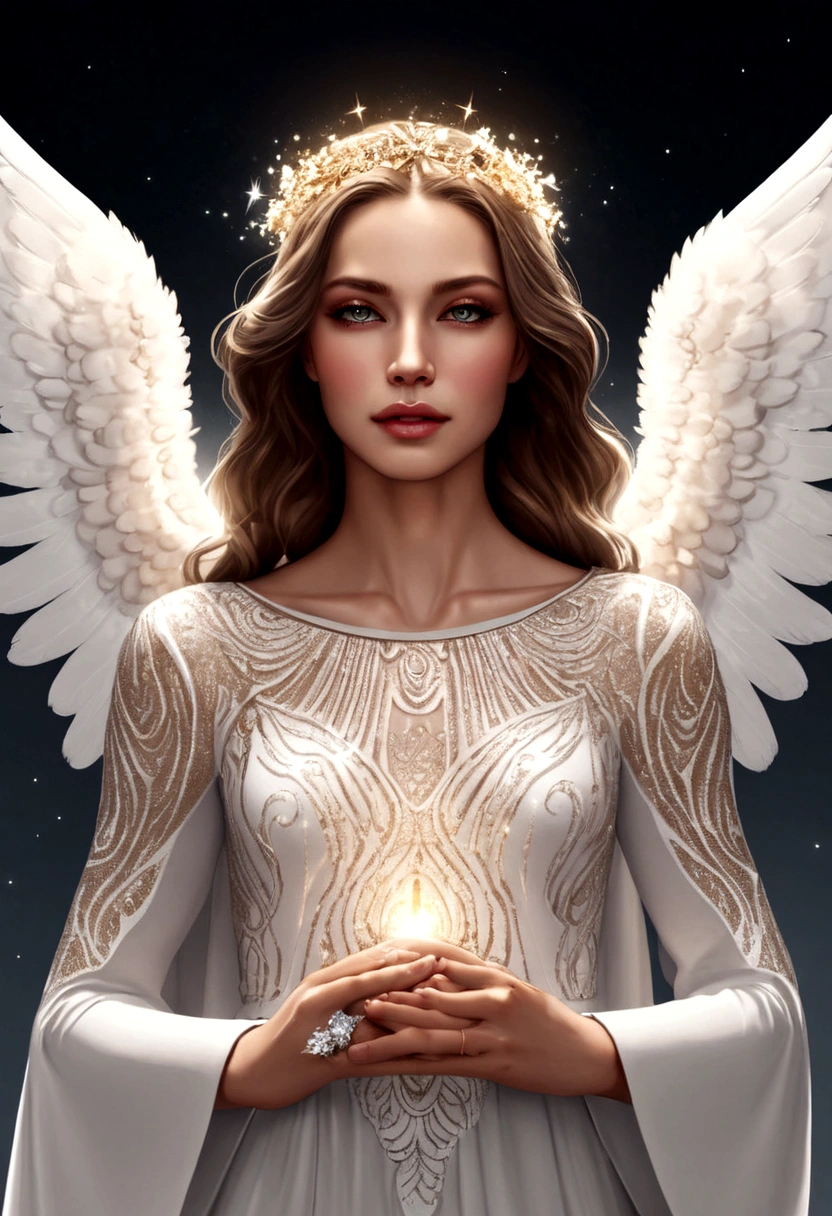 beautiful Angel, Wearing a gorgeous dress that covers the whole body, luxurly gawn,Floating in the air, angel wings, (angel ring:1.3), outdoor, detailed face, detailed eyes, detailed lips, detailed nose, detailed foot, full body shot