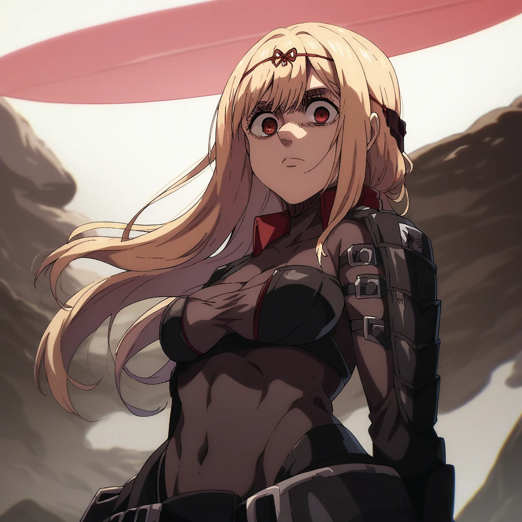 shingeki_no_kyojin_s4_style, portrait, solo, scrltbs, red eyes, long hair, yellow hair, bangs, halo, headgear, red hair ribbon, single shoulder armor, black bodysuit, cleavage, bodystocking, covered navel, black legwear, gloves