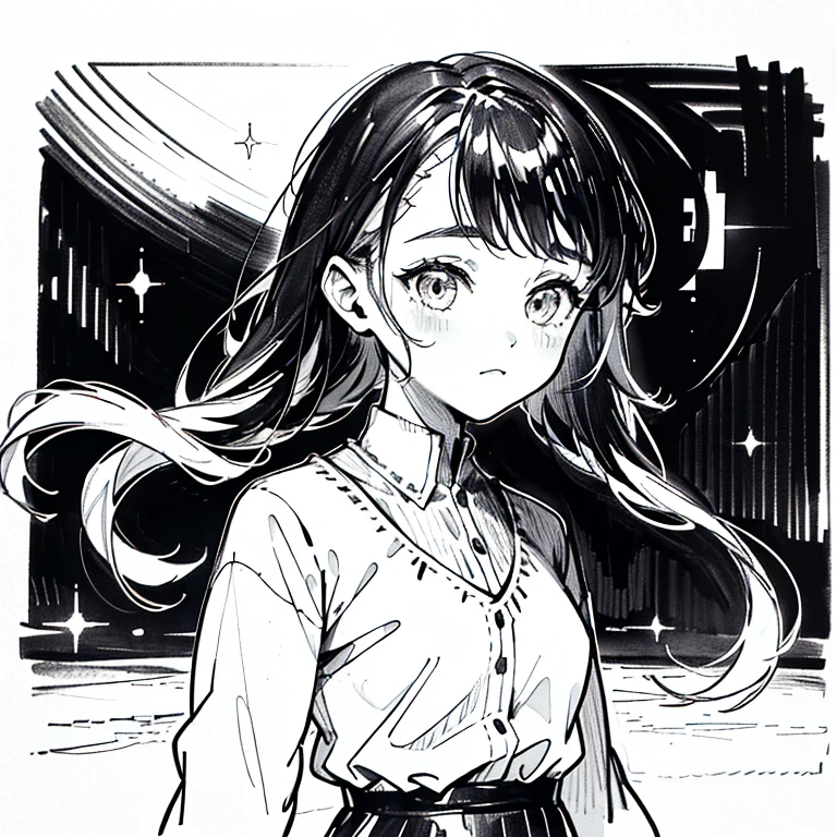 One Girl,Line art,Monochrome,sketch,Black and White,Pencil drawing,Traditional Media,Sketch,One Girl, skirt,Cute Teenage Girls, ,Beautiful portrait、Delicate body、Black Hair、Black Hair,landscape