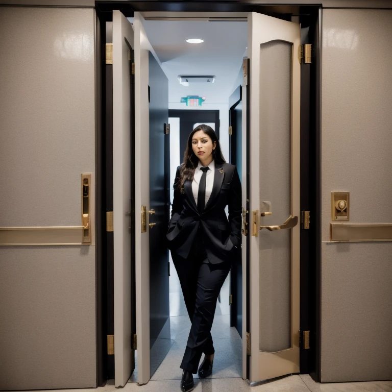 masterpiece, 1girl behind a doorway, from front, (doorstuck, stuckfront:1.3), huge hips, thick thighs, colorful clothing, wearing suit and tie and formal pants, upset