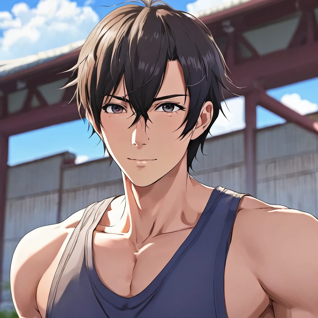 Japanese　male　Medium build　40s　anime　Working alone　Racecourse　175cm 　character　Tank top　Stubble　