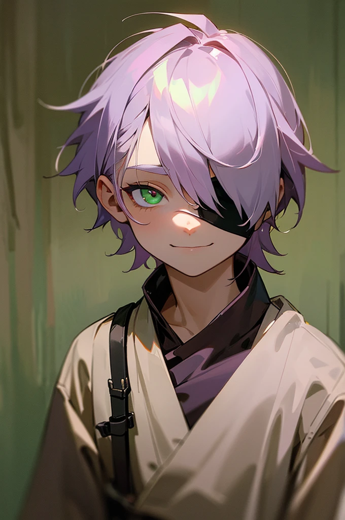 1 little boy，The hair is short light purple，Patient gown，hospitals，Use the patient's white eye patch to cover one eye，Dimly lit basement，Morbid smile，Green eyes，Sullen，Face portrait，Sick，Face portrait
