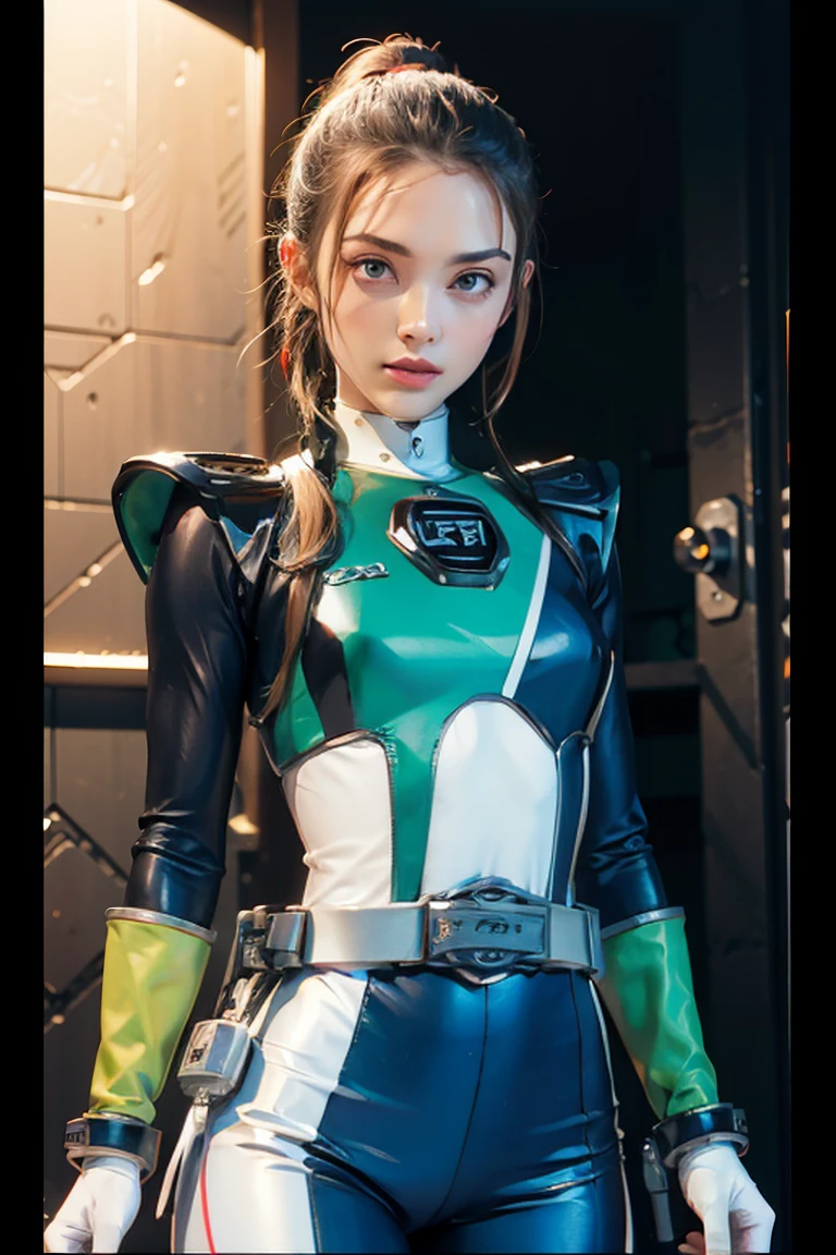 anime, hda, a close up of a woman with ((red braided low ponytail hair)) and (((the most beautiful green eyes))) in (((blue outfit))), (((determined)), 8k, Unreal Engine 5, octane render, by kyun, gamang, Yoon Gon-Ji, g.ho, gosonjak, shuroop, serious, domi, noah, trending on pixiv, fanbox, skeb, masterpiece, detailed face, smooth soft skin, big dreamy eyes, beautiful intricate colored hair, symmetrical, anime wide eyes, soft lighting, concept art, digital painting, power suit, power ranger, suit, spd, (power ranger suit), gold detail