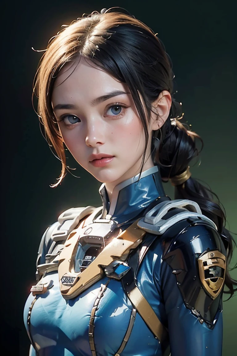 anime, hda, a close up of a woman with ((red braided low ponytail hair)) and (((the most beautiful green eyes))) in (((blue outfit))), (((determined)), 8k, Unreal Engine 5, octane render, by kyun, gamang, Yoon Gon-Ji, g.ho, gosonjak, shuroop, serious, domi, noah, trending on pixiv, fanbox, skeb, masterpiece, detailed face, smooth soft skin, big dreamy eyes, beautiful intricate colored hair, symmetrical, anime wide eyes, soft lighting, concept art, digital painting, power suit, power ranger, suit, spd, (power ranger suit), gold detail