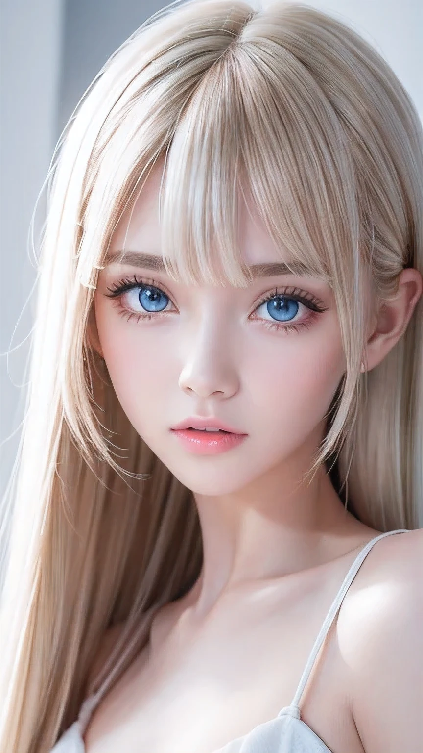 Portrait、、Bright expression、Young, lustrous, glowing, white skin、The best beauty、Blonde reflection、piper peri , Platinum blonde hair with dazzling highlights、Shiny and shiny hair,、Super long silky straight hair、Shiny beautiful bangs、Big, bright, light blue eyes that shine beautifully、Very big eyes、Very beautiful nice cute 15 year old beautiful girl、Ample Bust、The skin is delicate,Head up,Giant Mouth,look at me,((full throat),((breathe)),(Throat),Sweat,Interrupt),the dress is dripping,super low neck dress,No underwear,Pantyless,Water spray、bangs over eyes、片bangs over eyes、Bangs between the eyes、Small Face Beauty、Cheek gloss highlighter、Small Face Beauty、Round face