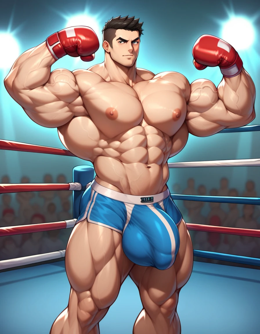 Photorealistic topless EXCESSIVE TALL HYPER GIGANTIC HYPERMUSCULAR black guy standing and with erect EXCESSIVE THICK veiny penis and testicles , BOXING RING .HYPER UNDERWEAR BULGE. FLEXING HIS HYPER BICEPS .HYPERSTRENGTH , HYPERVEINY , HYPERSIZED, HYPERGROWTH.BALL BULGE. GUY HOLDING A SKIMPY  GIRL FAN FLEXING HIS BICEPS .GIRL FONDLING HIS BODY
