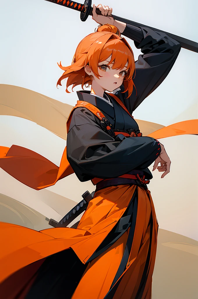 , Female, samurai Clothing, Standing pose, Town background, Orange hair