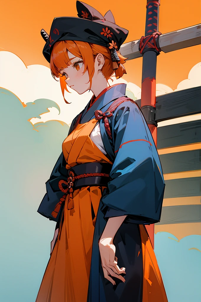 , Female, samurai Clothing, Standing pose, Town background, Orange hair
