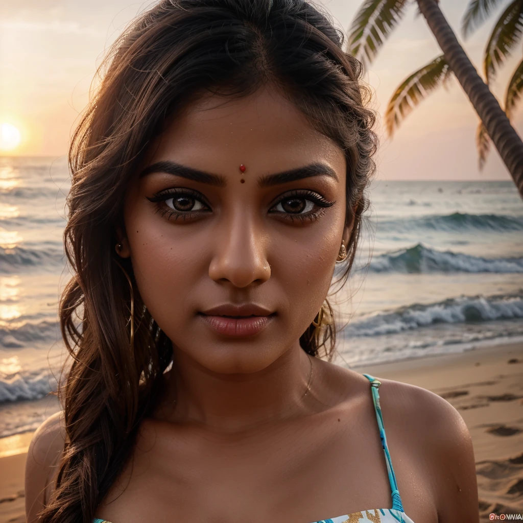 beautiful detailed eyes, beautiful detailed lips, extremely detailed eyes and face, long eyelashes, 1girl, bikini, south indian actress kajal Agrawal, beach, ocean waves, sunset, sand, palm trees, tropical, photorealistic, 8k, high quality, detailed, vibrant colors, cinematic lighting