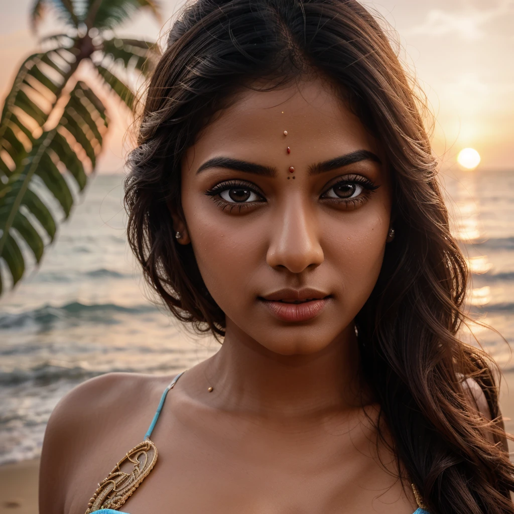 beautiful detailed eyes, beautiful detailed lips, extremely detailed eyes and face, long eyelashes, 1girl, bikini, south indian actress kajal Agrawal, beach, ocean waves, sunset, sand, palm trees, tropical, photorealistic, 8k, high quality, detailed, vibrant colors, cinematic lighting