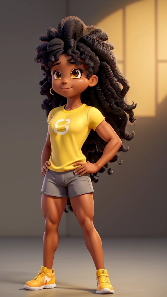 (Muscular young black girl Tinna Keys), huge strong biceps volume, (flat chest), strong tonned exposed abs, muscular strong legs, bodybuilder muscles bursting in strength, exposed abs skin, (wavy long hair), tight yellow tshirt and shorts, grey blank background, slight smile