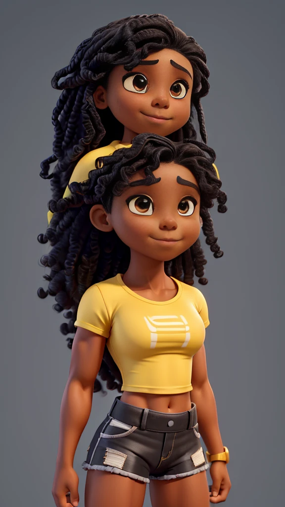 (Muscular young black girl Tinna Keys), huge strong biceps volume, (flat chest), strong tonned exposed abs, muscular strong legs, bodybuilder muscles bursting in strength, exposed abs skin, (wavy long hair), tight yellow tshirt and shorts, grey blank background, slight smile
