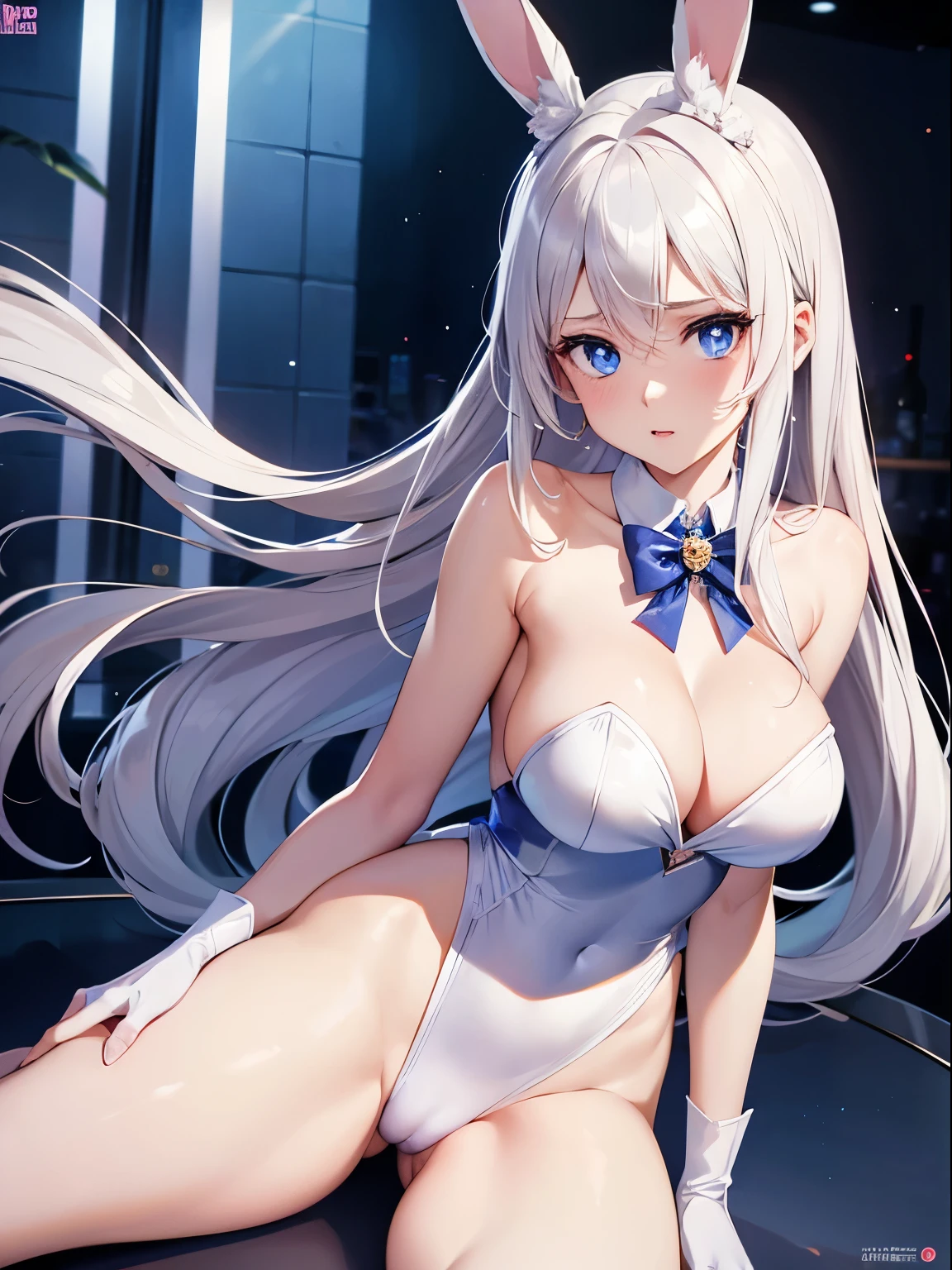 Usagi Tsukino, 1 woman, Masterpiece, white hair, blue eyes, expressive eyes, female focus, beautiful woman, Playboy Bunny costume, Usagi Tsukino, (Masterpiece:1.0), (best quality:1.0), ( wallpaper 8k:1.0), (detailed beautiful face:1.0), (detailed deep eyes), long hair, thin waist, hip girl, thin legs, in a bar