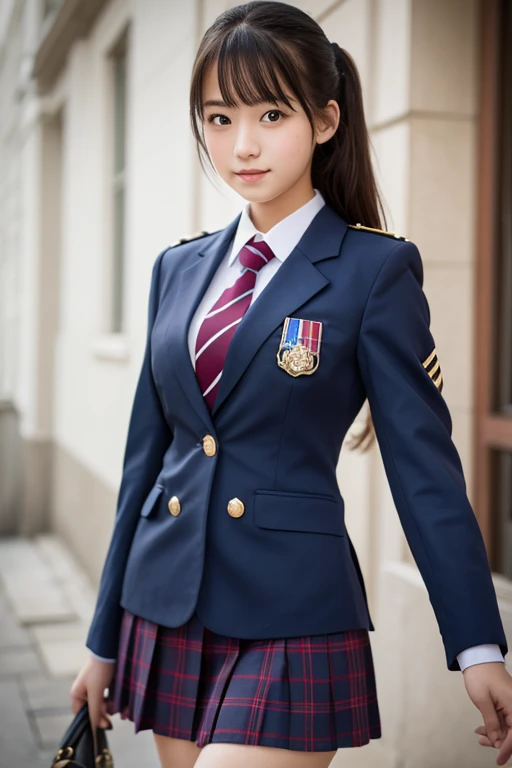 Highest Resolution, 4K, masterpiece, high school girl,uniform, 18-year-old, Women's photos, ((Beautiful posture))、Big eyes, Cleavage、Thighs, Realistic teeth, double eyelid, (whole body),((Braided short tail)) Highest quality, Familiar, beauty, Adorable, By the pond