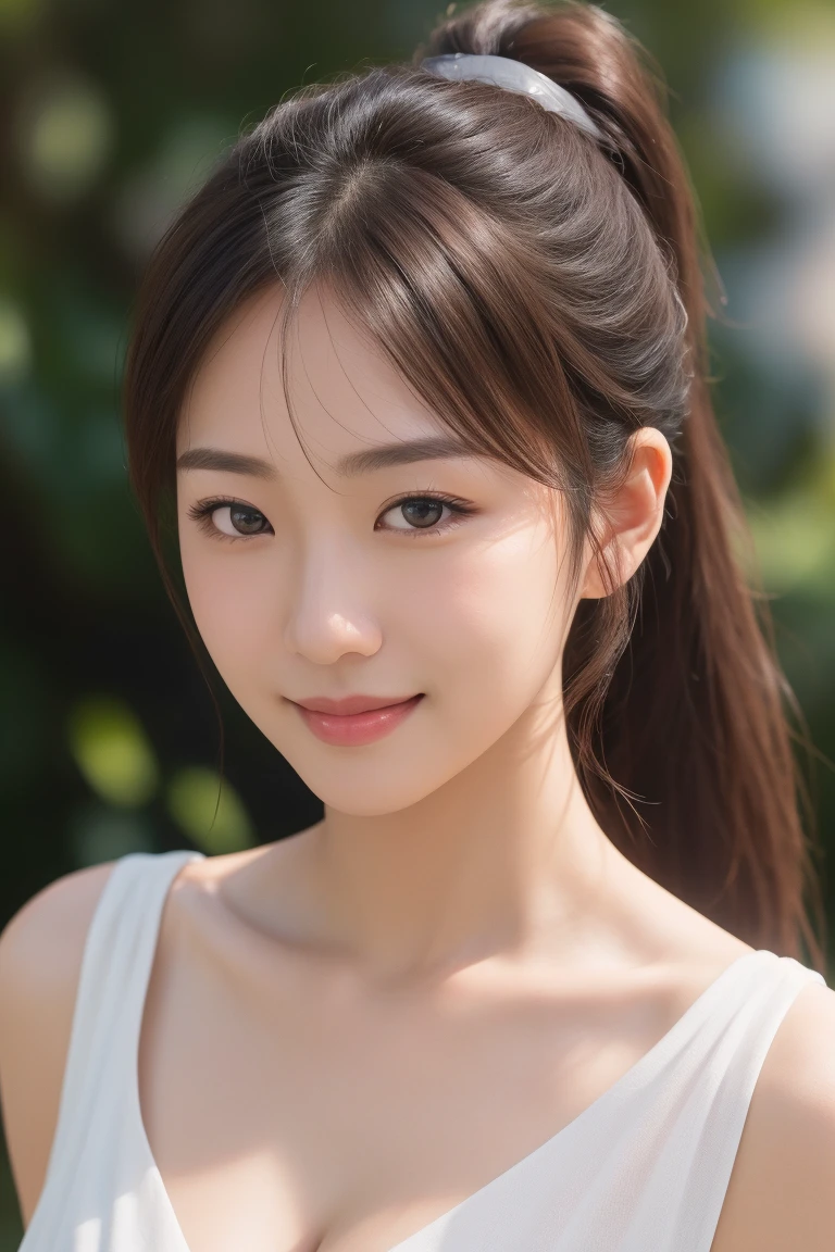 (masterpiece:1.3), (8K, Photorealistic, Raw photo, Best image quality: 1.4), 28 year old Japanese woman、Lowered ponytail、Cleavage:1.2、White sleeveless dress、Attention to detail、double eyelid、Drooping eyes、Sharp focus:1.2、Cute Woman:1.4、Light brown hair、Highest quality、masterpiece、Ultra-high resolution、(Photorealistic:1.4)、Highly detailed and professionally lit smile、Shoulder out、thin、Serious expression、